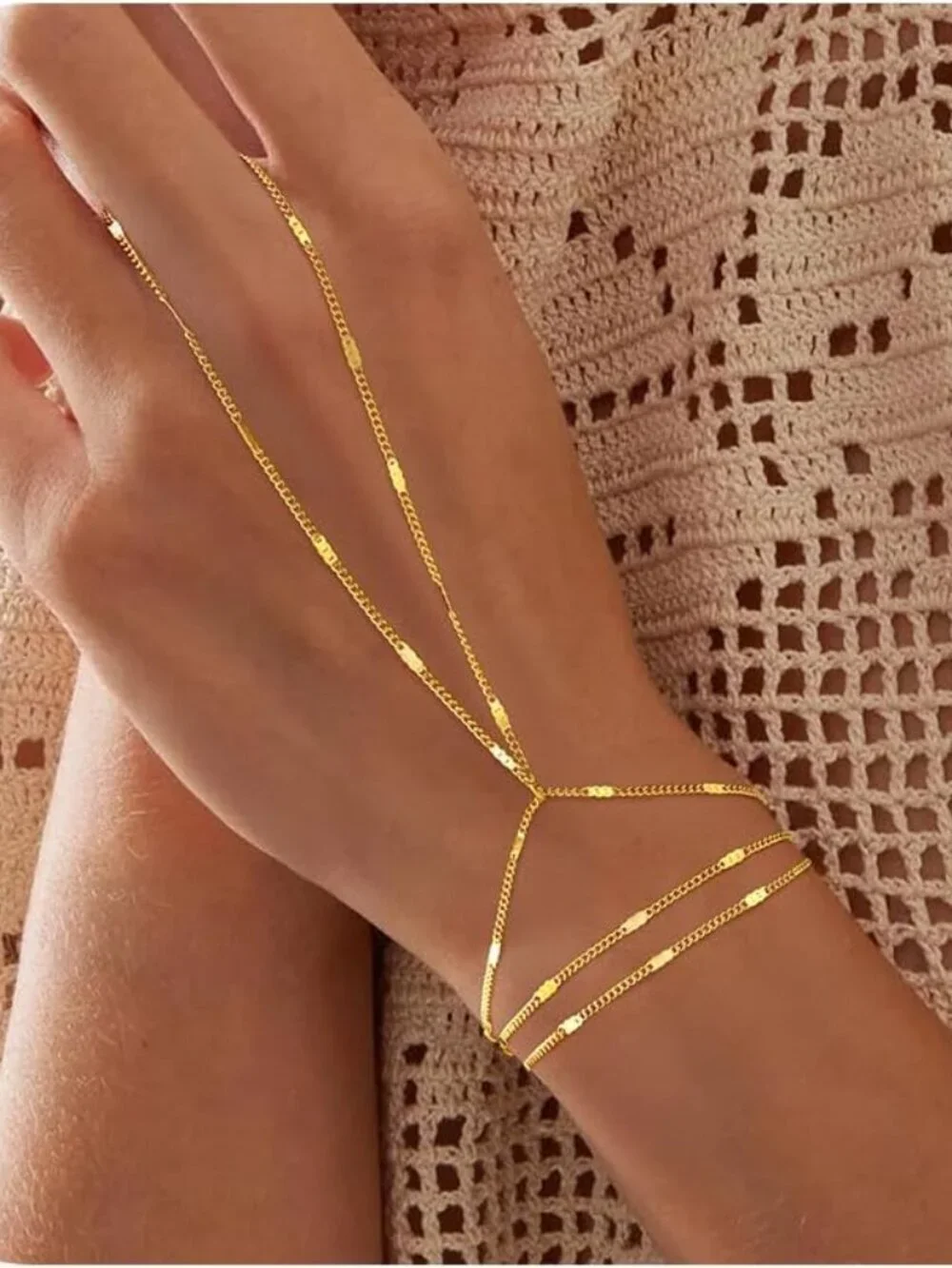 Dainty 14K Gold Plated Hand Chain Bracelet Women Layered Ring Jewelry
